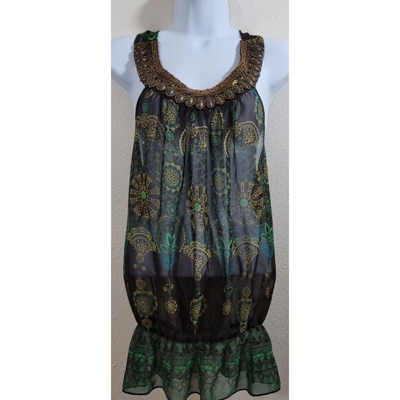 Twentyone Brown Green Sheer Beaded Neckline Top Medium Lightweight Elastic Waist - Picture 1 of 7